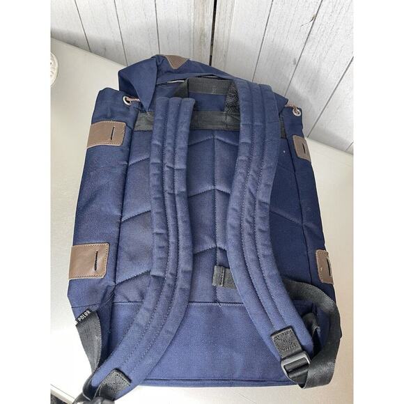 Poler Outdoor Stuff Blue Tan Leather Backpack Drawstring Lightweight Bag Oregon - Picture 3 of 9